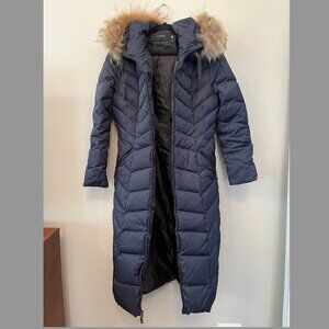 Tahari Womens Medium Navy Blue Removable Fur-Trimmed Hooded Long Puffer Coat